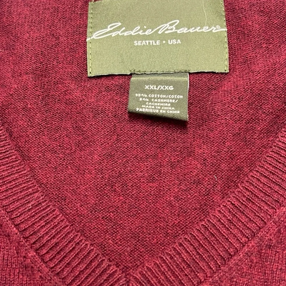 Eddie‎ Bauer Sweater Y2K VTG Men's 2XL Burgundy V Neck Cotton Cashmere Pullover